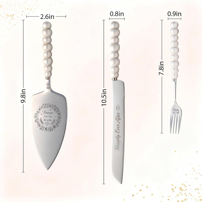 kingump 4 Piece Wedding Cake Cutting Set, Knife and Server with Forks, Elegant Wedding Cake Knife and Server Set for Bride and Groom(Pearl Handle Silver) - Image 3